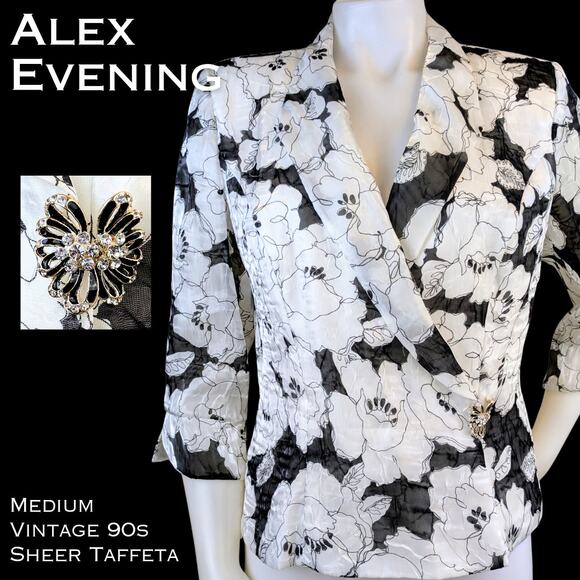VTG Alex Evenings Black White Floral Sheer Crop Jacket Medium Taffeta Evening - Picture 1 of 11